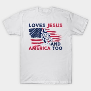 Retro Loves Jesus and America Too God Christian 4th of July Gift For Men Women T-Shirt